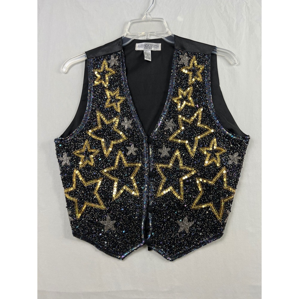 Amanda Smith Beaded Star Vest Womens Medium Black Silk Sequin Celestial 19028